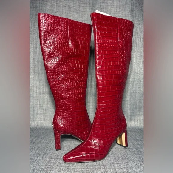 Sam Edelman Sylvia Knee High Wide Calf Leather Boot Cherry Crocodile Size 8.5M - Picture 2 of 8